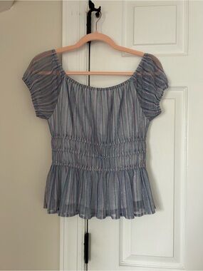After Market Metallic Striped Smocked Puff Sleeve Peplum Top